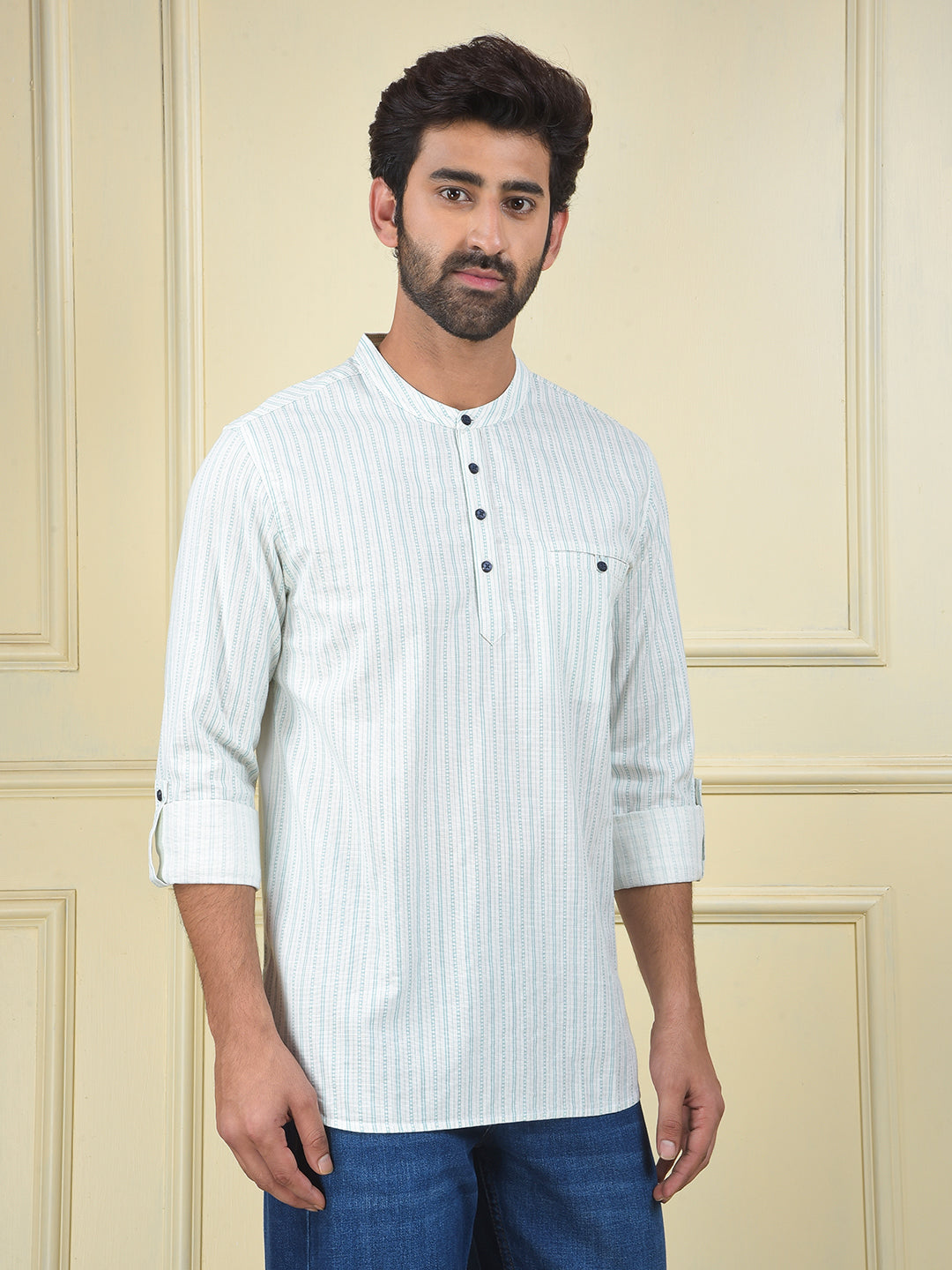 Green Vertical Stripes Knitted Kurta