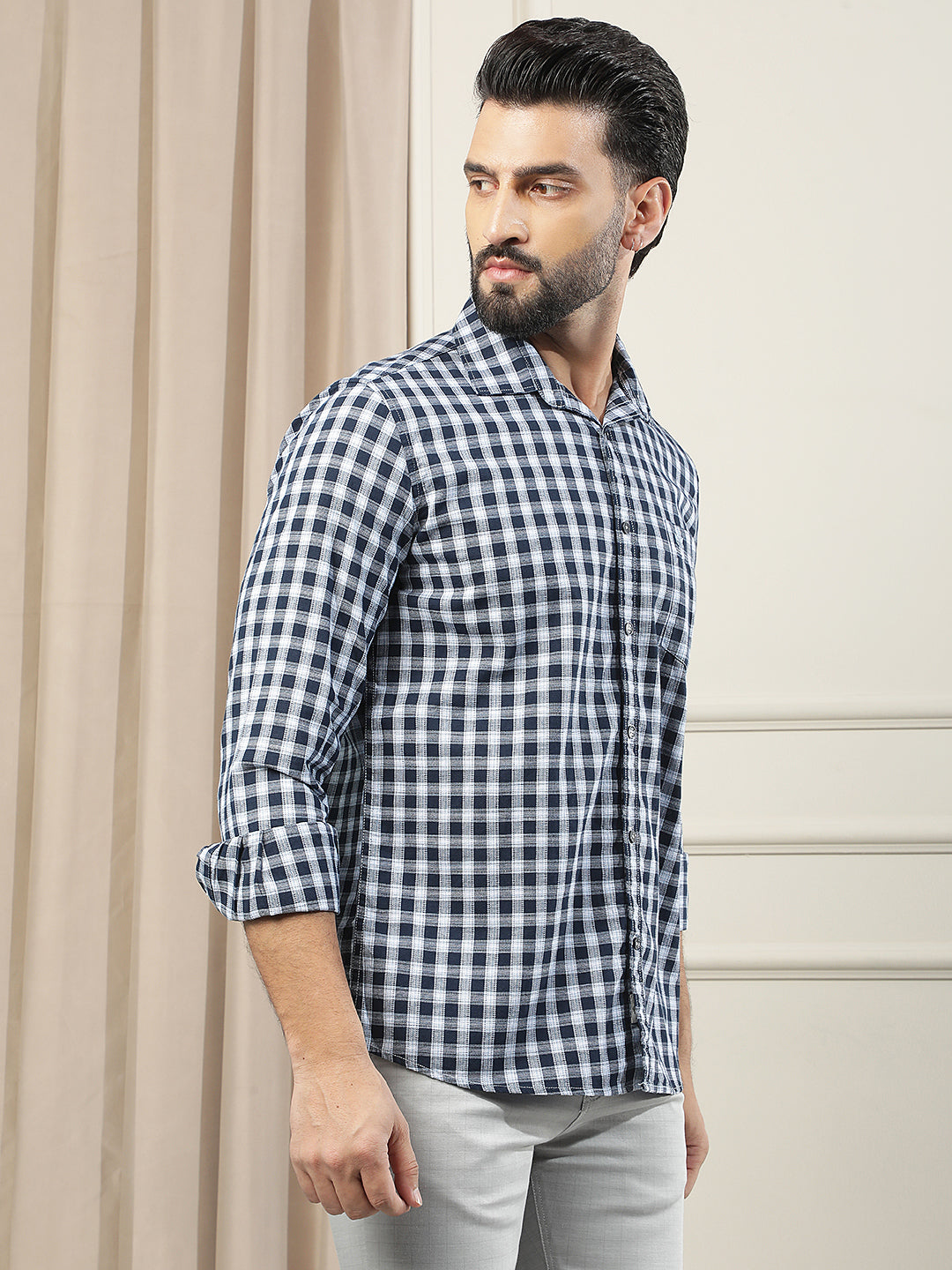 Navy Blue Checked 100% Cotton Shirt