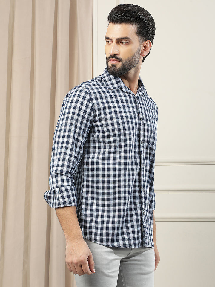 Navy Blue Checked 100% Cotton Shirt