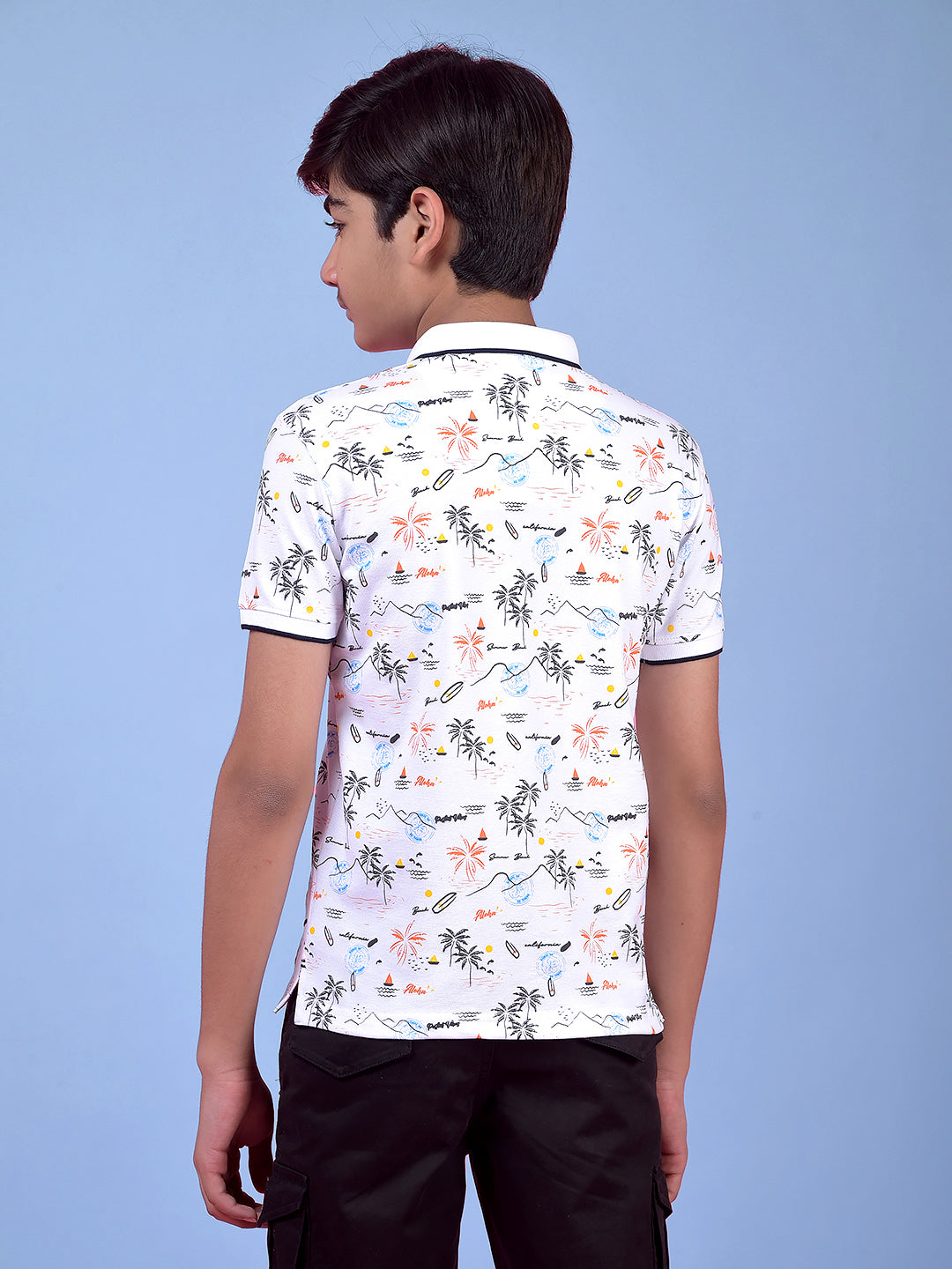 White Floral Print Polo Neck T-Shirt