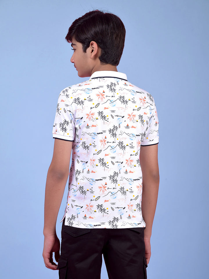 White Floral Print Polo Neck T-Shirt