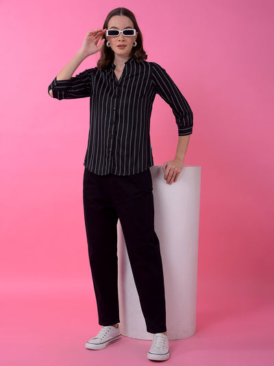 Black Vertical Stripes V-Neck Shirt