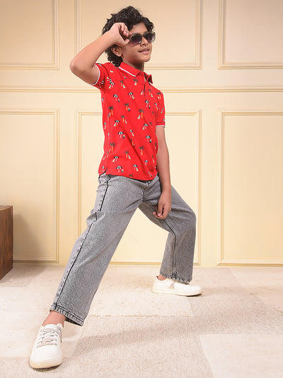 Red Floral Print Polo Neck T-Shirt