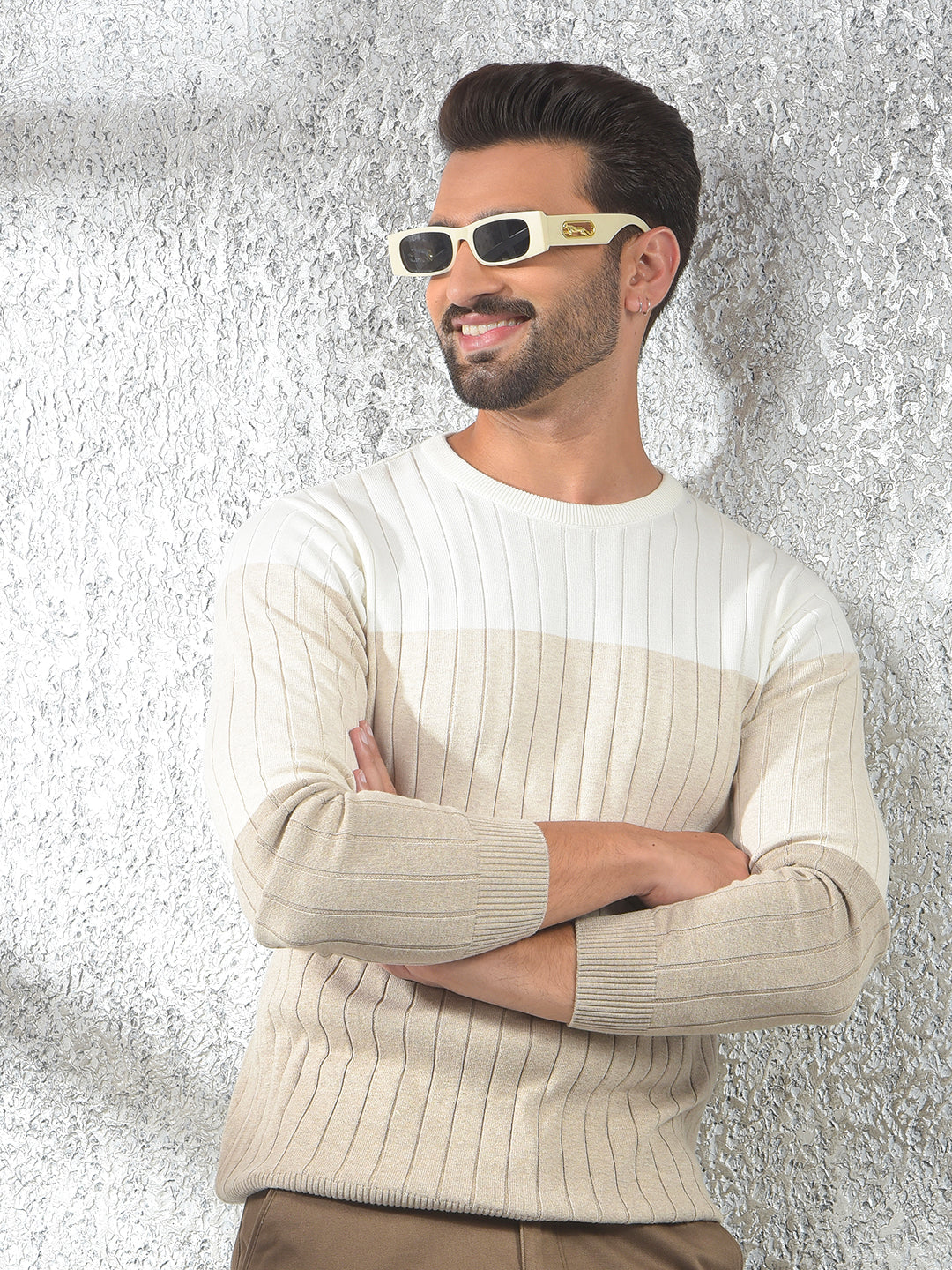 Beige Color-Block 100% Cotton Sweater