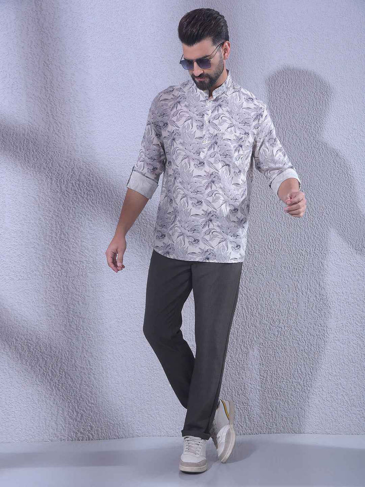 Purple Floral Print Linen Kurta