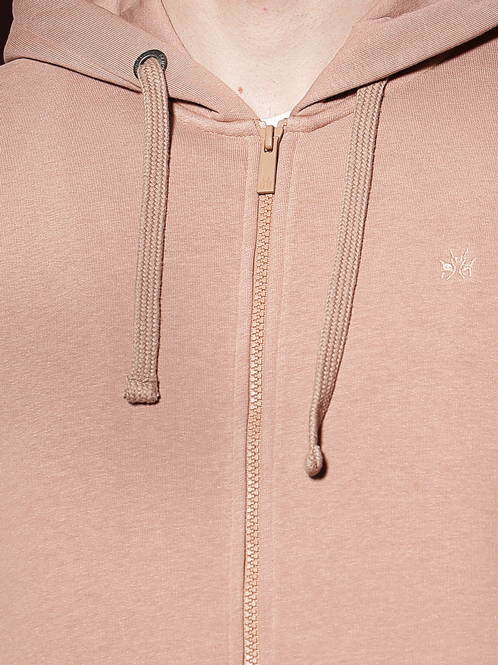 Beige Hooded Neck Front Open Sweatshirt