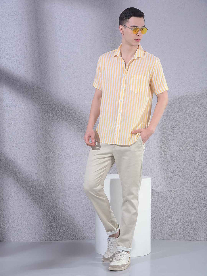 Yellow Vertical Striped Linen Shirt