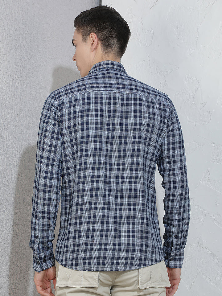 Navy Blue Checked 100% Cotton Shirt