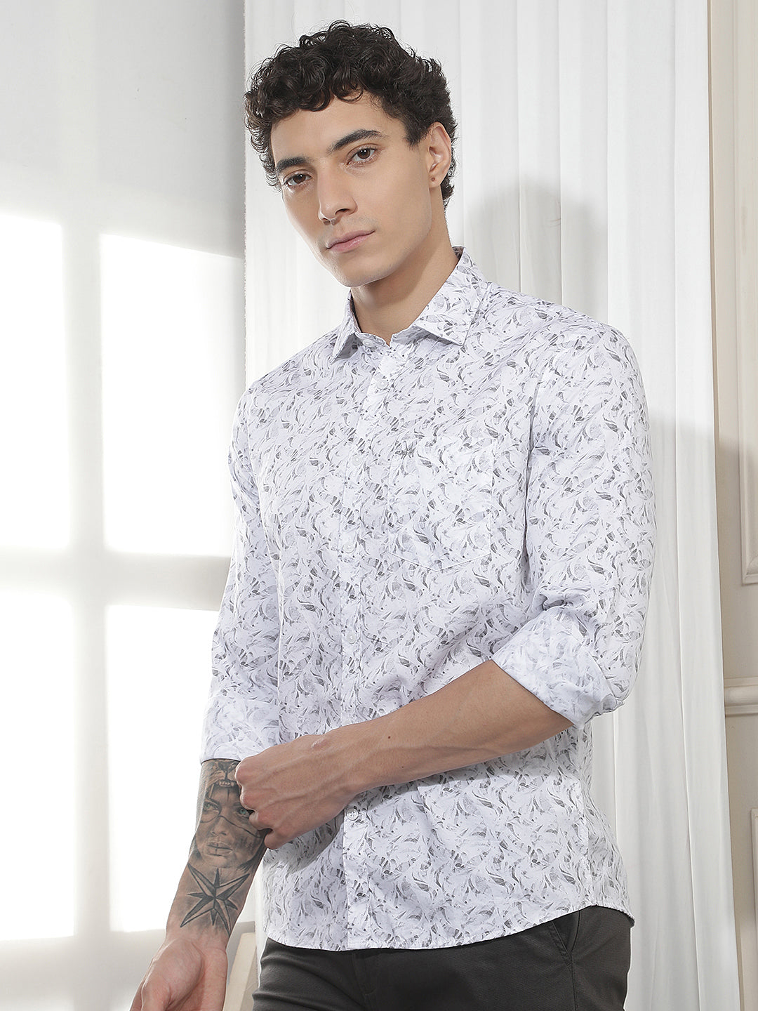 White Abstract Print 100% Cotton Shirt