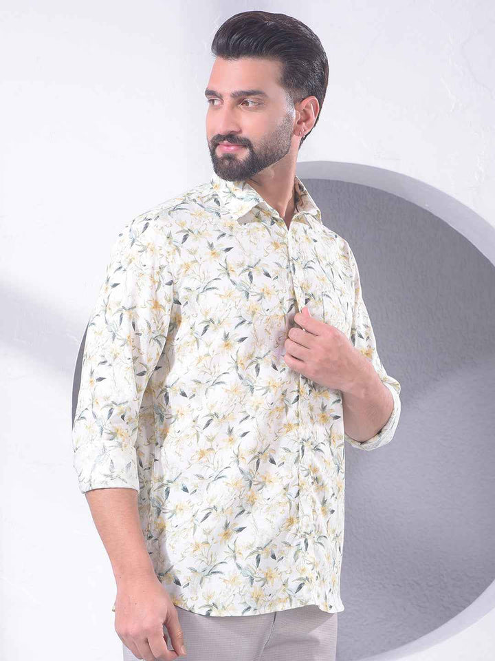 Green Floral Print Linen Shirt