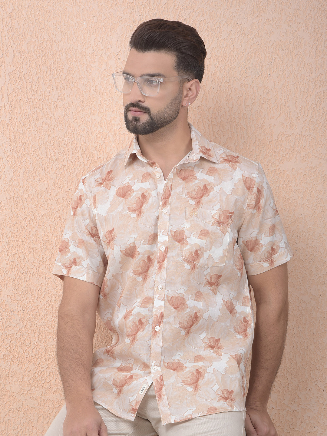 Orange Floral Printed Linen Shirt