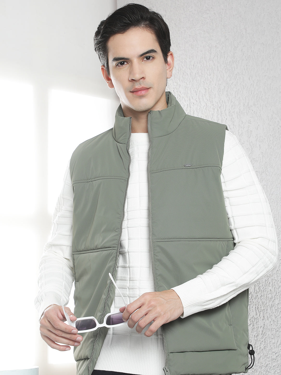 Olive High Neck Sleeveless Puffer Jacket