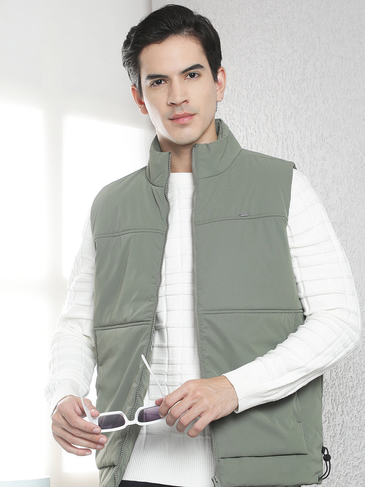 Olive High Neck Sleeveless Puffer Jacket