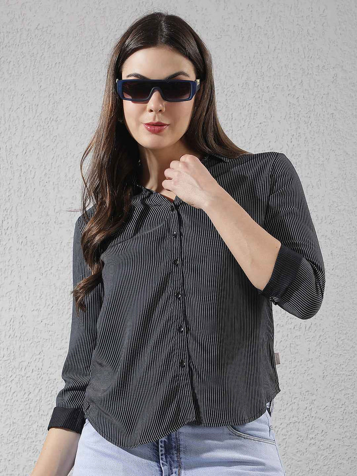 Navy Blue Vertical Striped Modal Shirt
