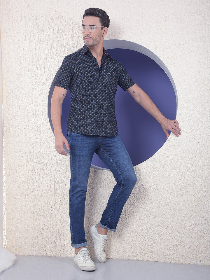 Midnight Cross Navy Blue Printed Shirt