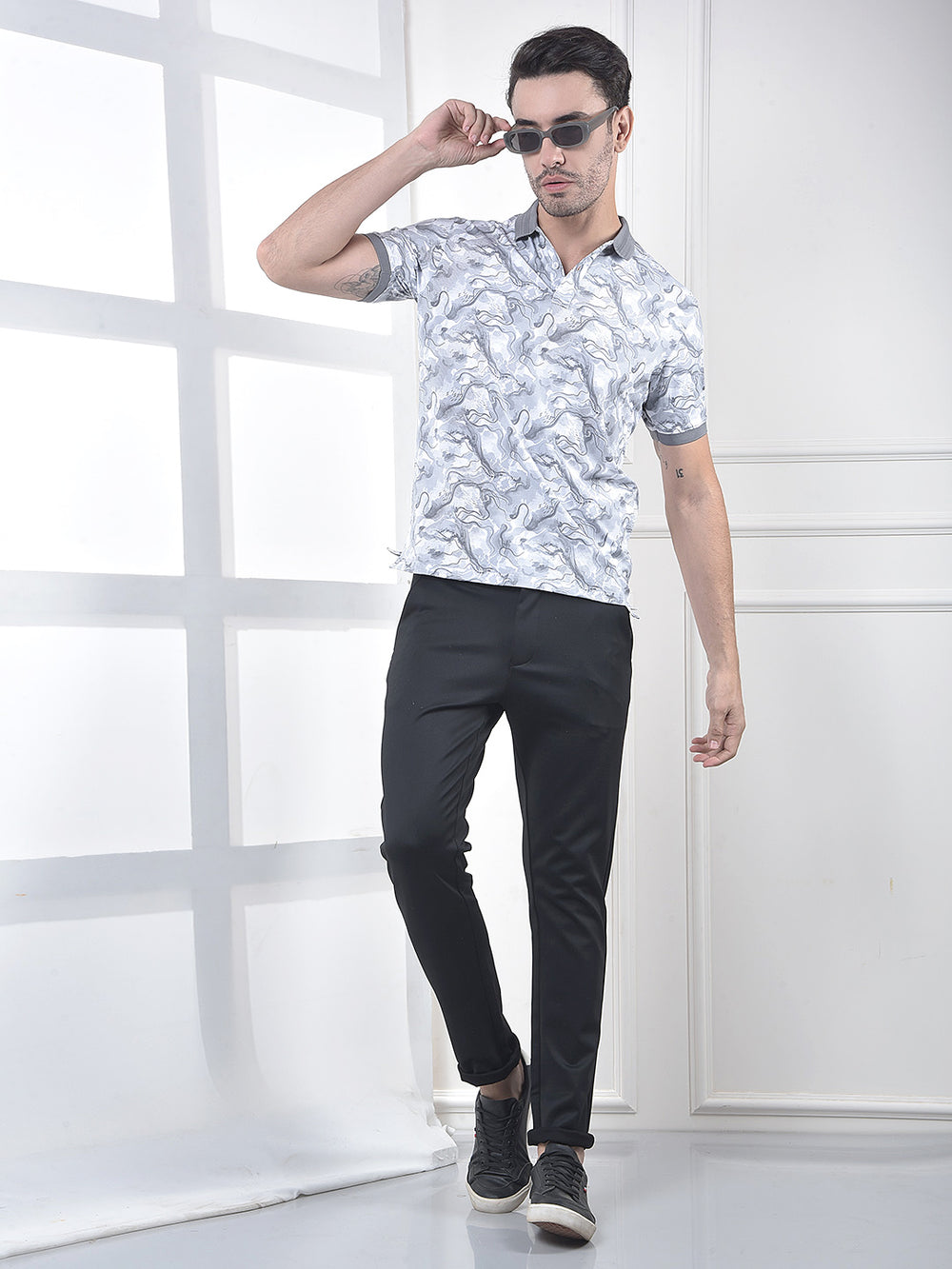 Grey Abstract Print Polo Neck T-Shirt