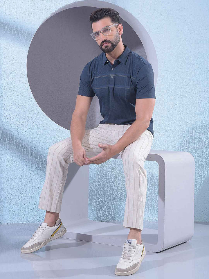 Navy Blue Checked Polo Neck T-Shirt