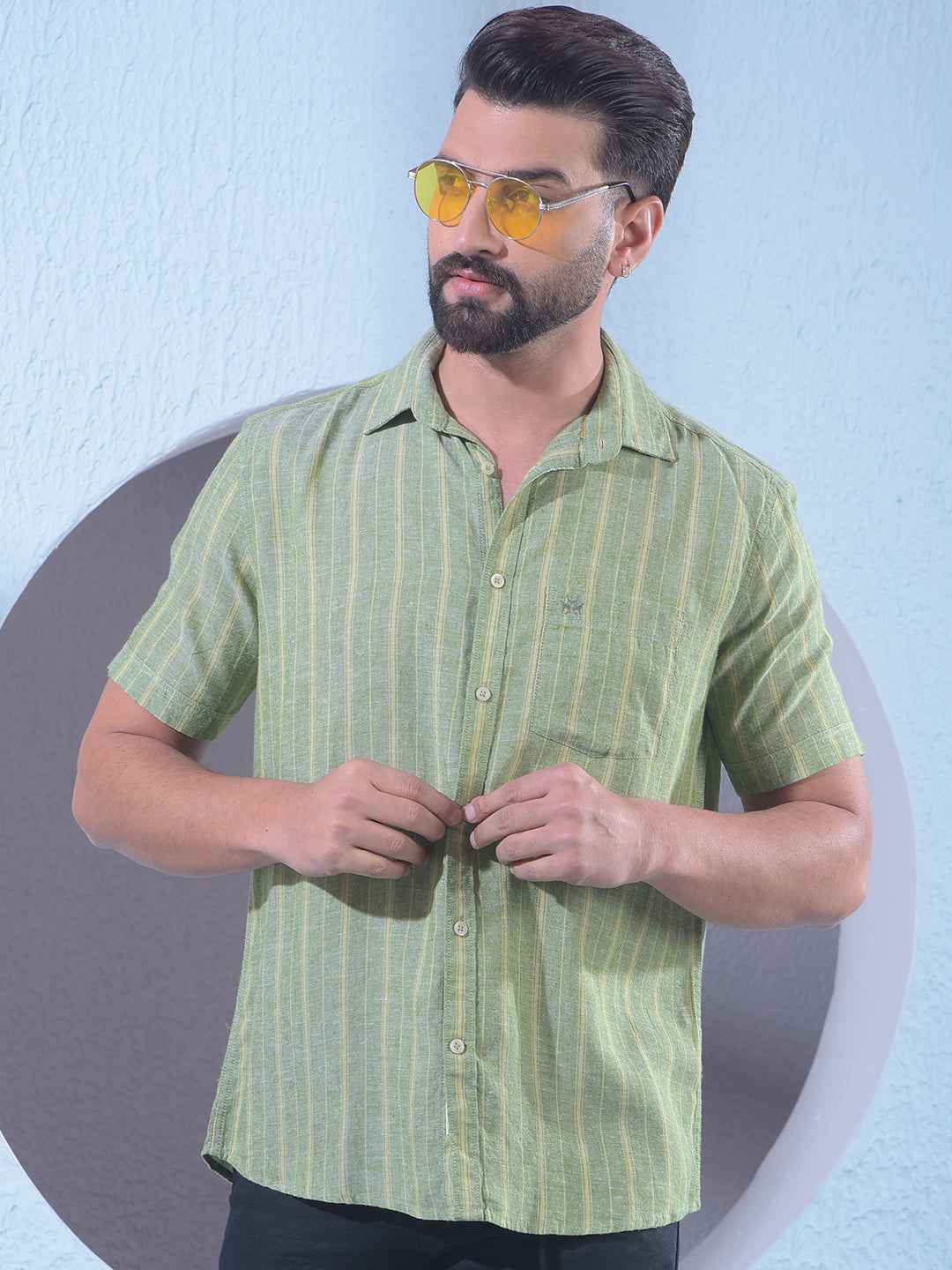 Green Vertical Striped Linen Shirt