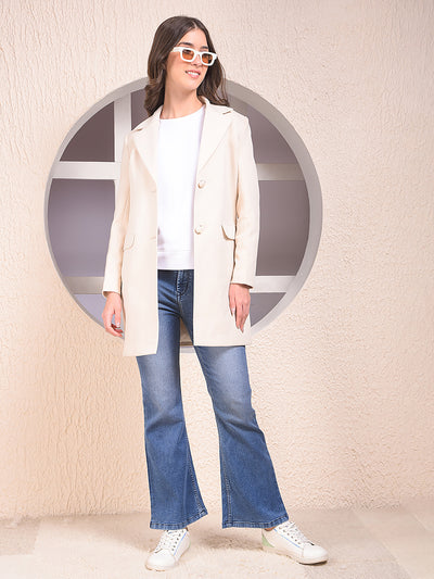 Cream Notched Lapel Single-Breasted Overcoat