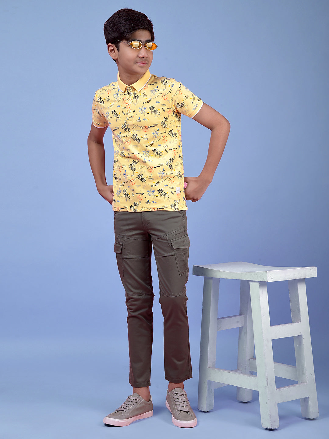 Yellow Floral Print Polo Neck T-Shirt