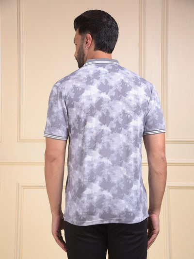 Grey Abstract Print Polo Neck T-Shirt