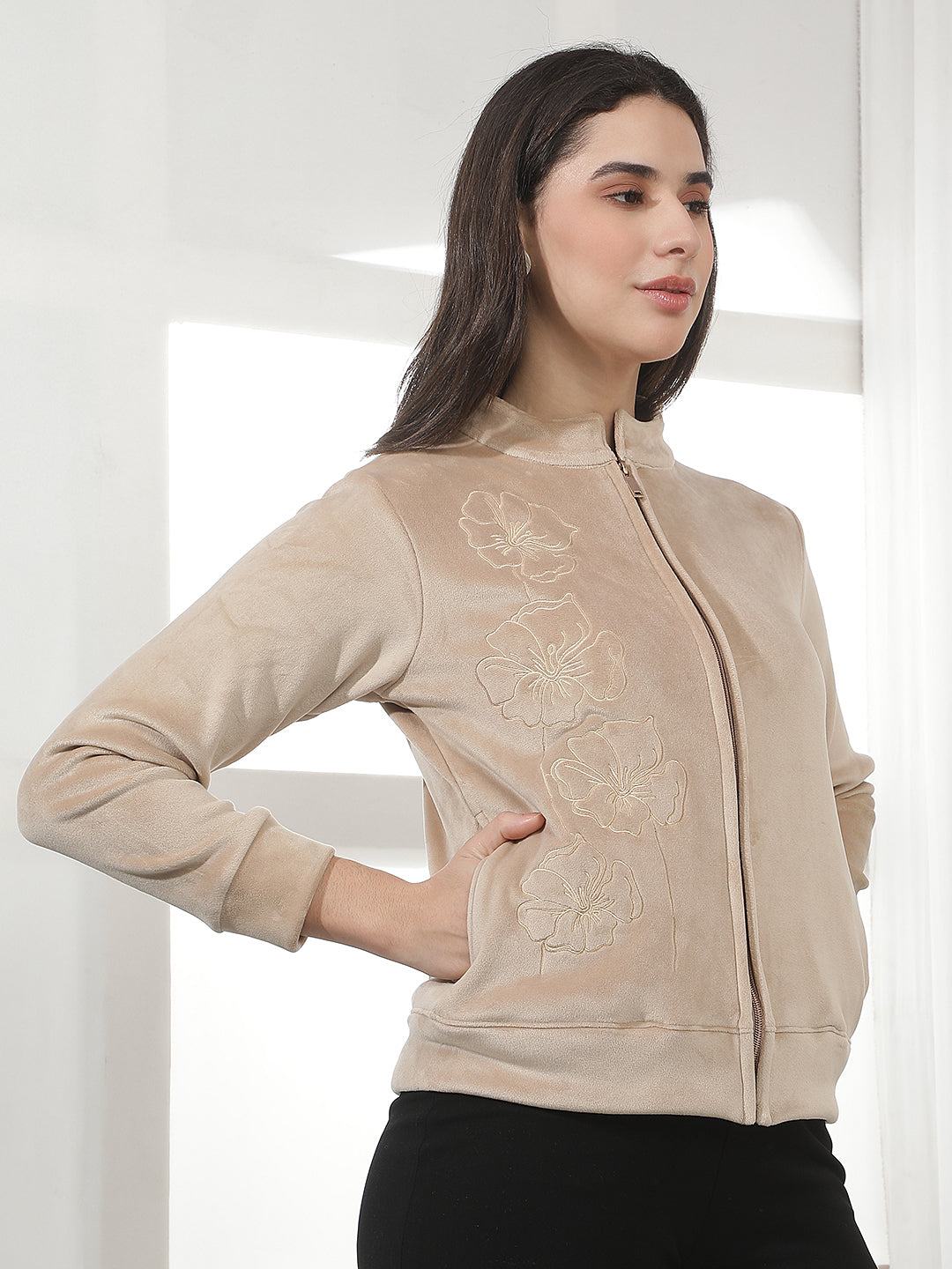 Beige Jacquard High Neck Sweatshirt
