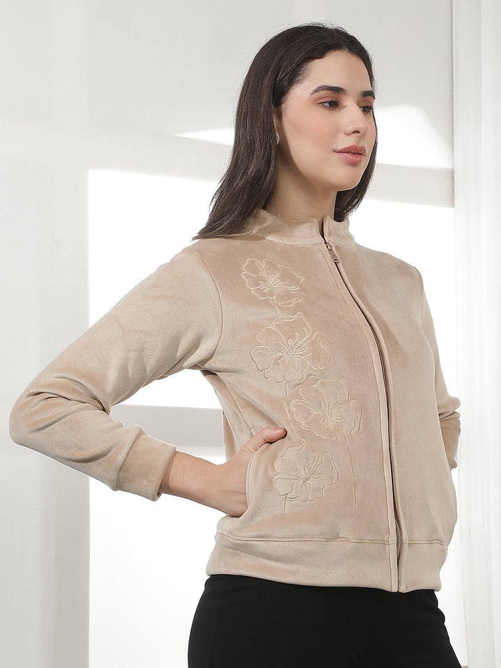 Beige Jacquard High Neck Sweatshirt