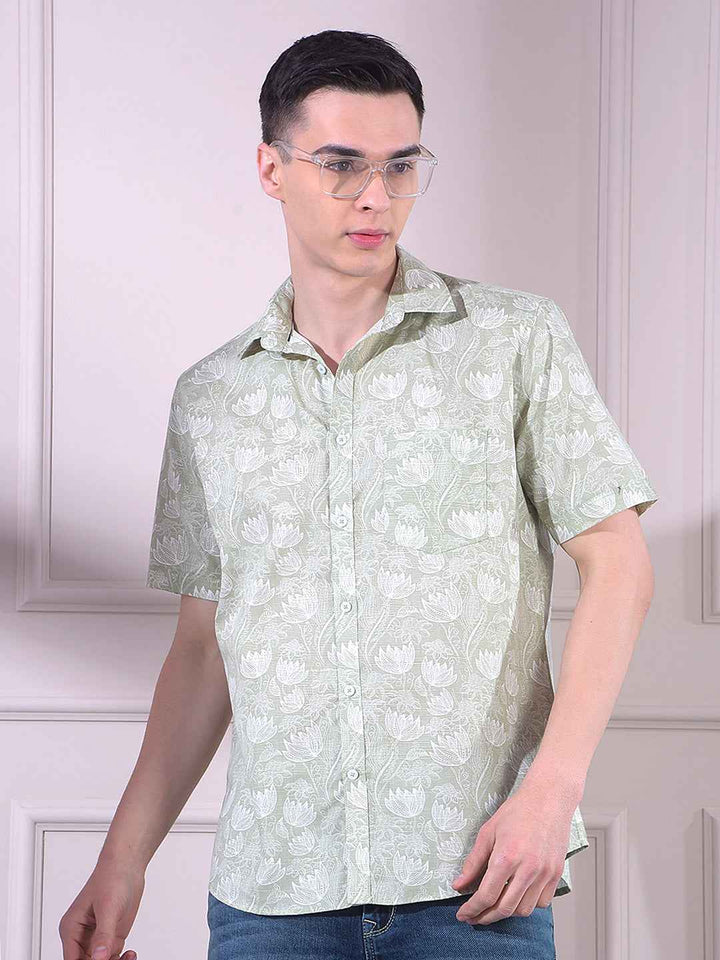 Green Linen Floral Print Shirt