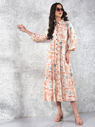 Women's Orange Floral Print Shirt Dress-Women Dresses-Crimsoune Club