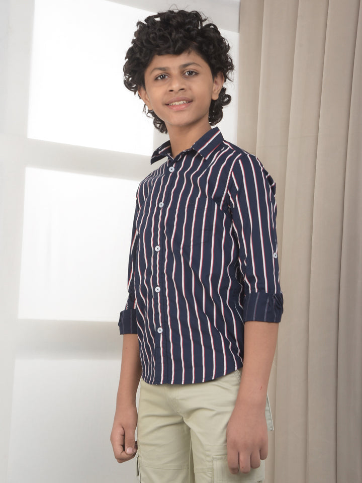 Navy Blue 100% Cotton Striped Shirt