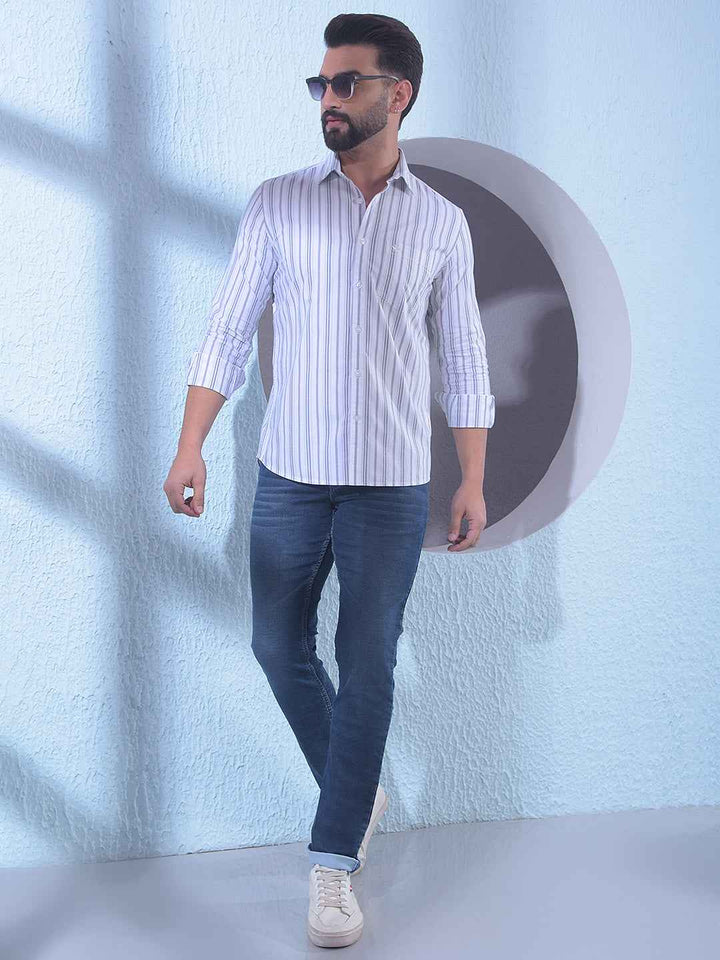White 100% Cotton Vertical Stripes Shirt
