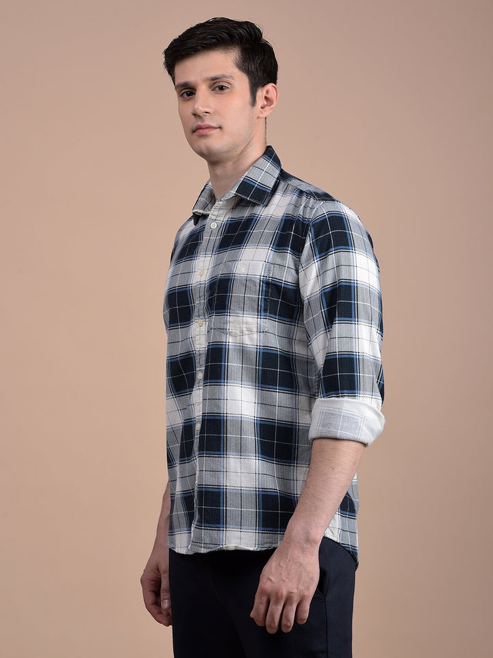 Blue Checked 100% Cotton Corduroy Shirt