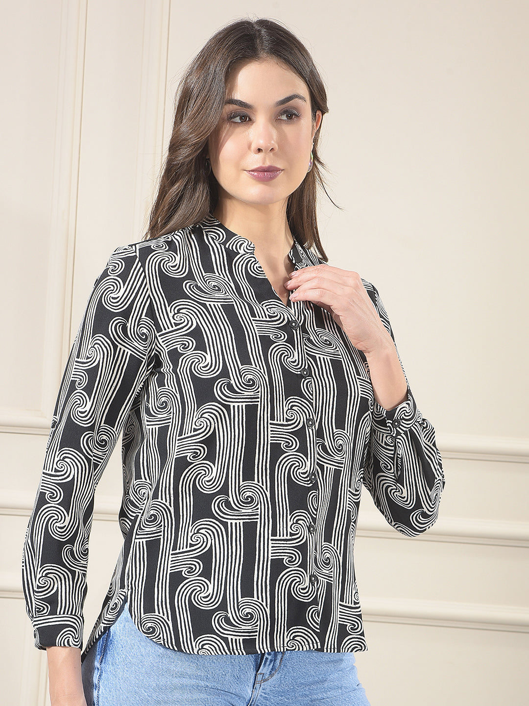 Black Printed V-Neck Shirt