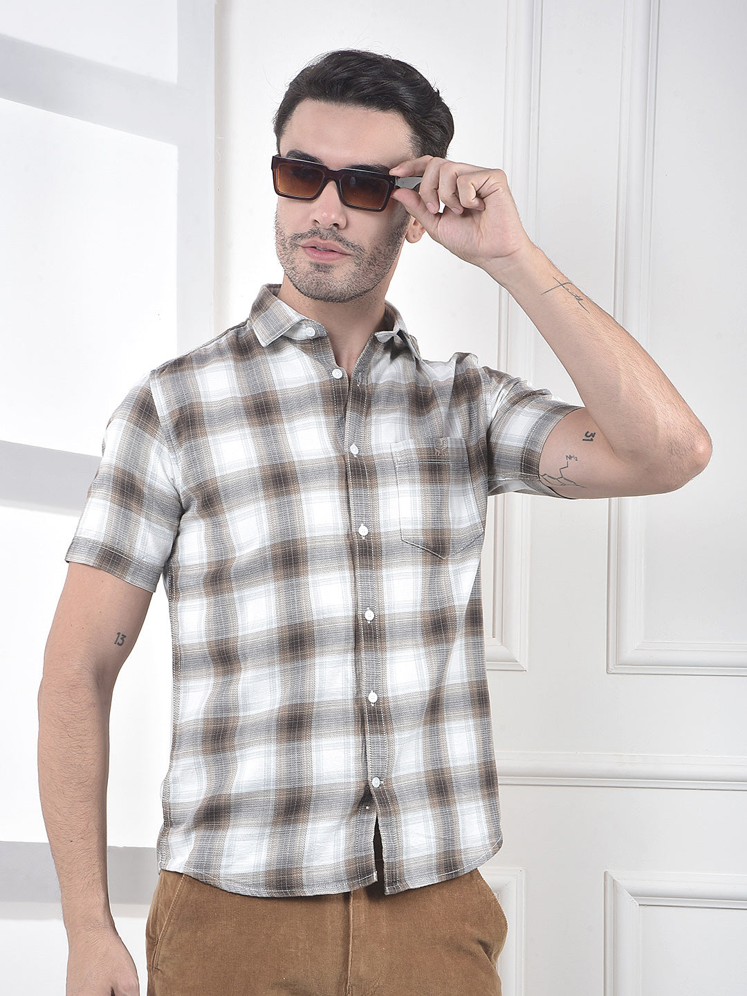 Brown Checked 100% Cotton Shirt