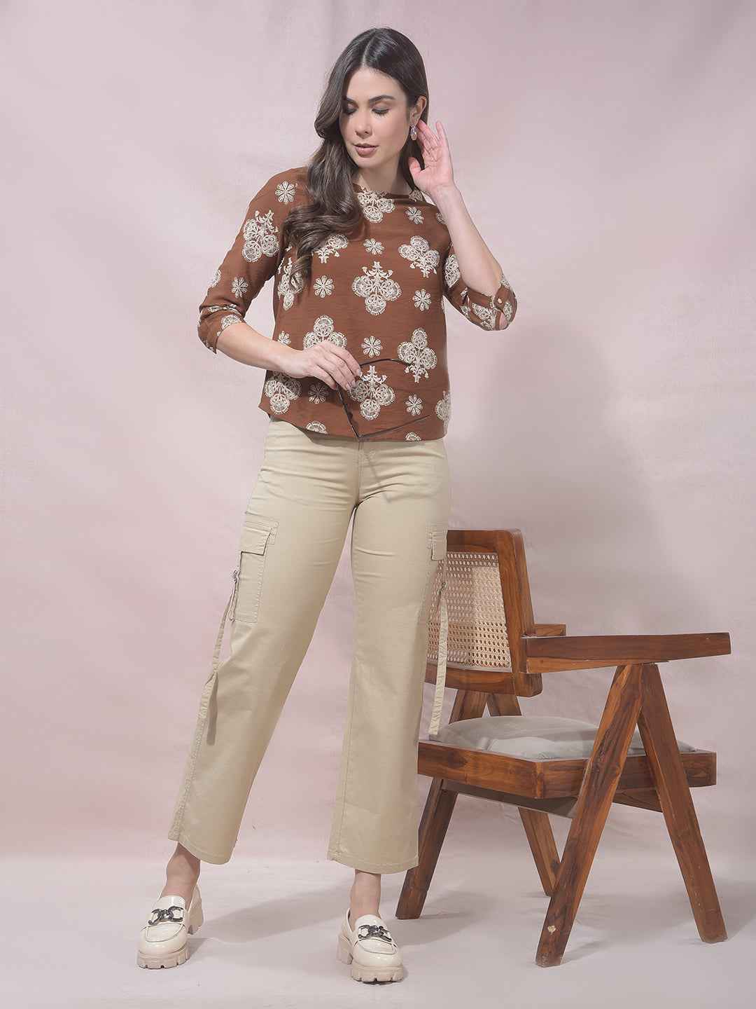 Brown Buti Embroidered Top