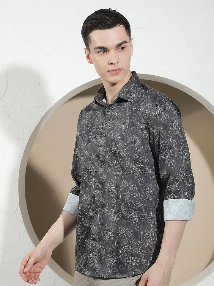 Olive Floral Print 100% Cotton Shirt