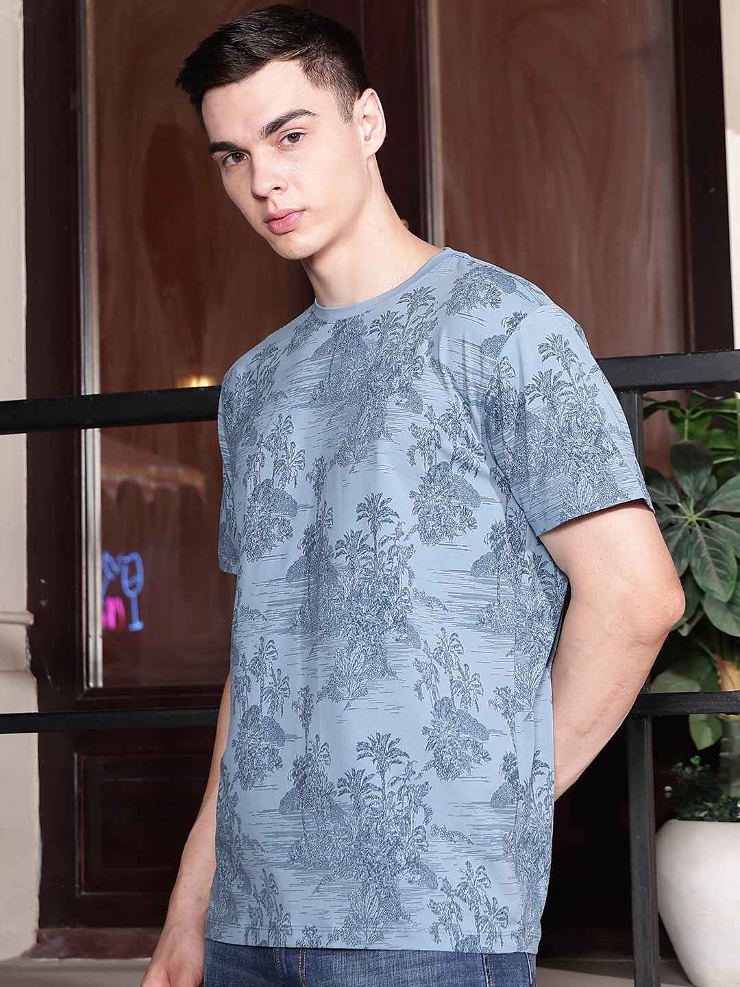 Sky Blue Round Neck Tropical Printed T-Shirt