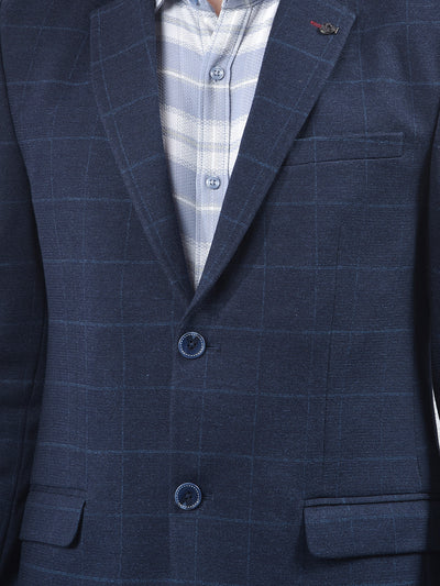Navy Blue Checked Notched Lapel Single Breasted Blazer