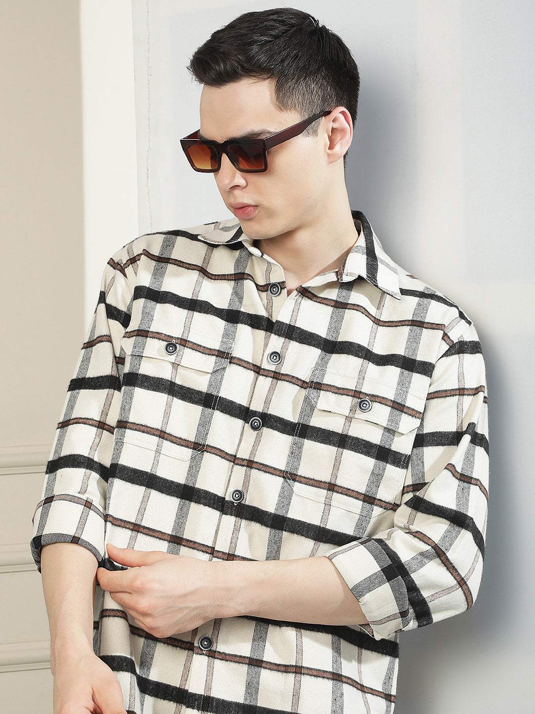 Cream Checked Double Pocket Shirt
