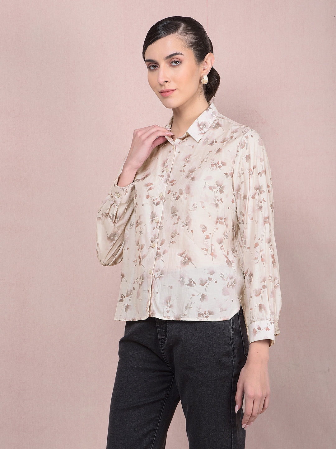 Beige Floral Print Shirt-Women Shirts-Crimsoune Club