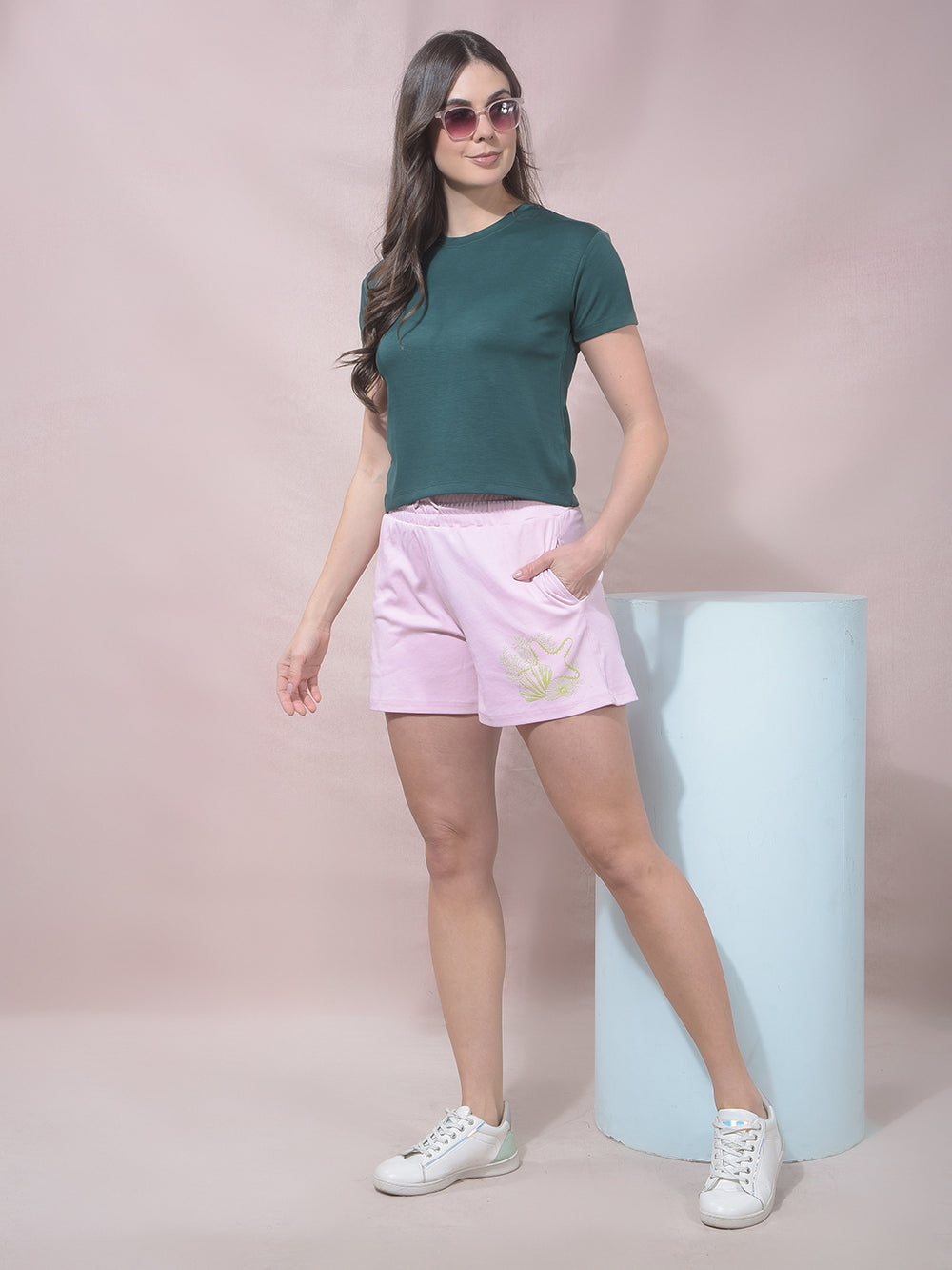 Pink Embellished Mid-Thigh Length Shorts