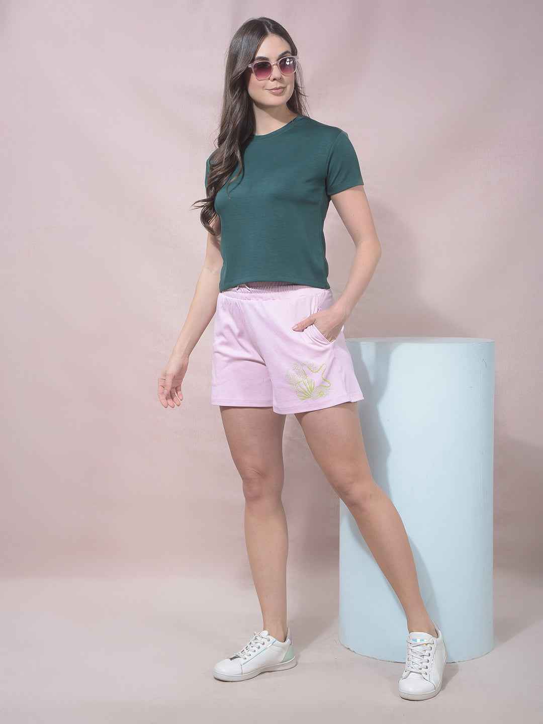 Pink Embellished Mid-Thigh Length Shorts