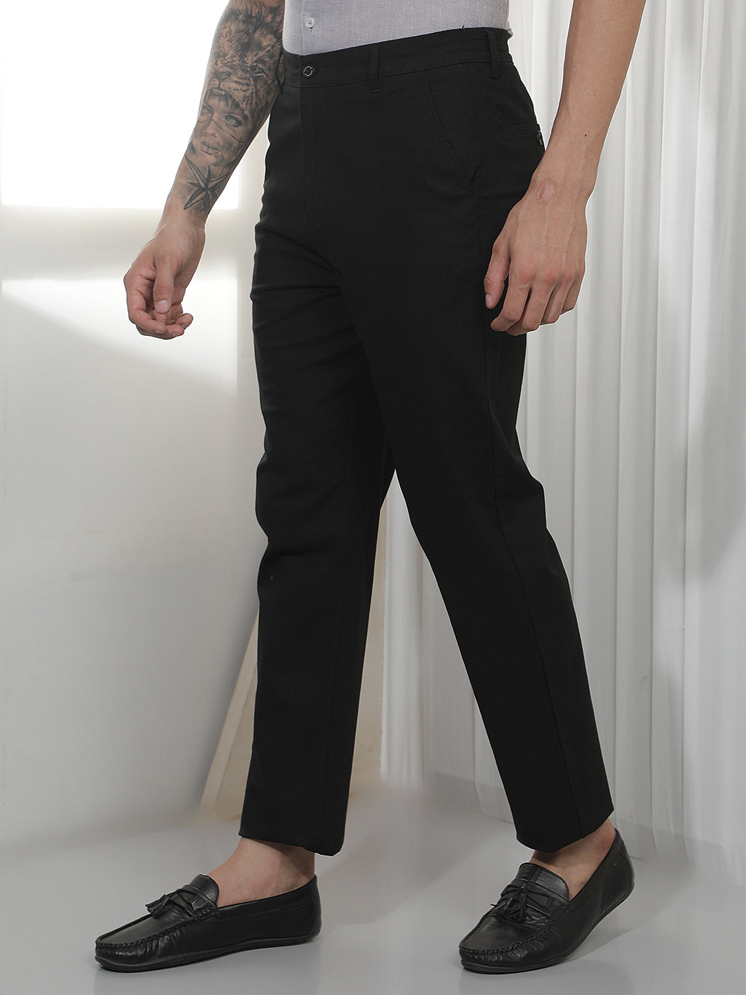 Black Textured Cotton Trousers