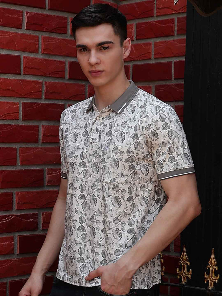 Grey Floral Print Polo Neck T-Shirt