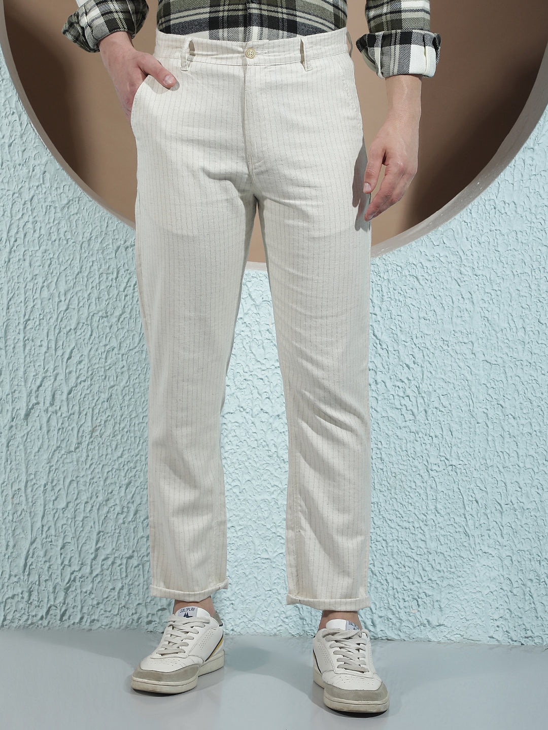 Off White Vertical Striped Linen Trousers
