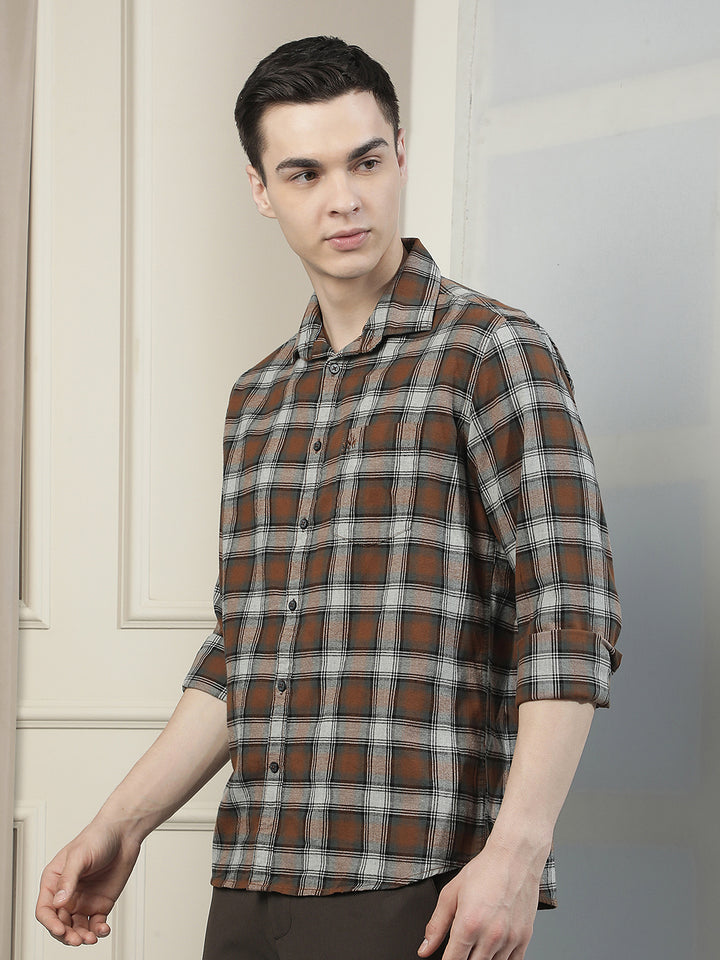 Brown Checked 100% Cotton Shirt