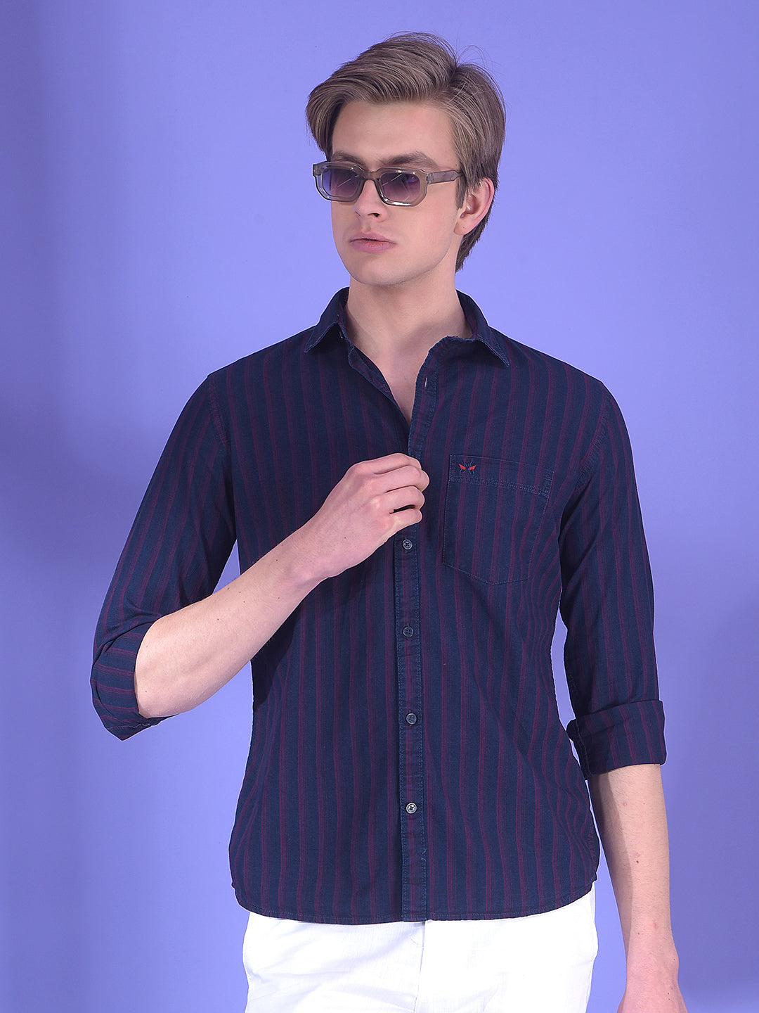 Navy Blue Vertical Stripes 100% Cotton Shirt