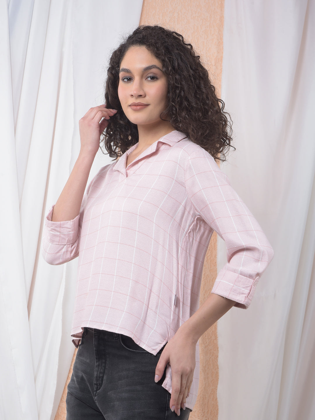 Peach Checked Resort-Collar Top