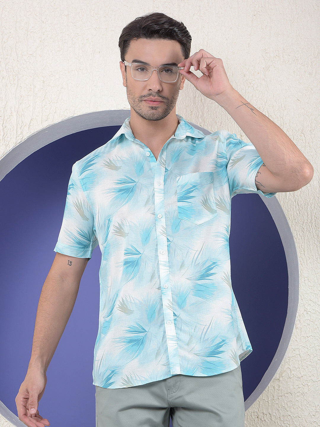 Blue Floral Print Linen Shirt