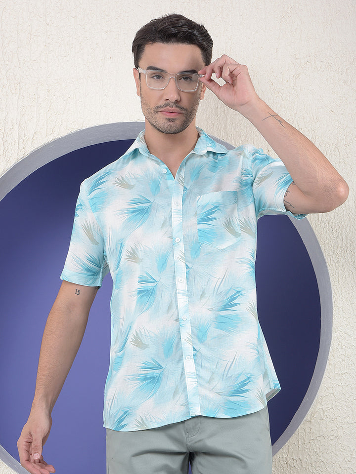 Blue Floral Print Linen Shirt
